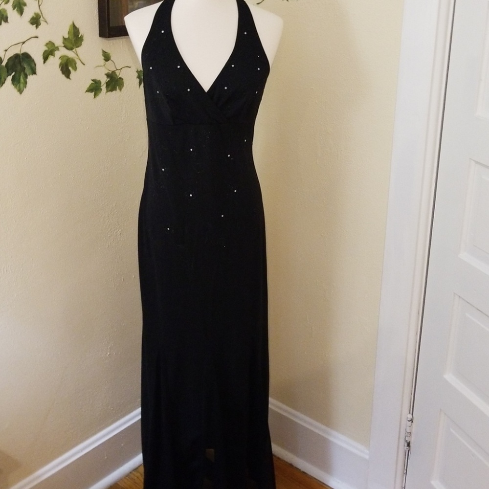 Halter back dressy dress with beading and sequins